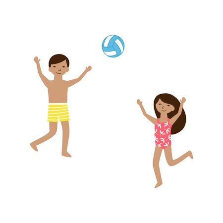 Kids playing beach volleyball. Two happy little friends - boy and girl smile and play with a ball. Isolated on white background vector cartoon illustration about outdoor summer activity for kidsのイラスト素材