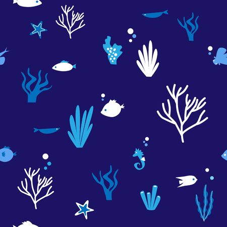 Seamless pattern with exotic tropical coral reef fish. Cute illustration with swimming between seaweeds underwater sea animals.paperのイラスト素材