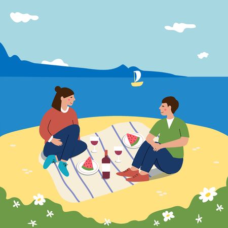 Young family have a picnic on the beach. Happy man and woman smiling and enjoying their date on the coast. Small yacht sailing in the  sea. Seascape with blue sky and white clouds cartoon vector illustrationのイラスト素材