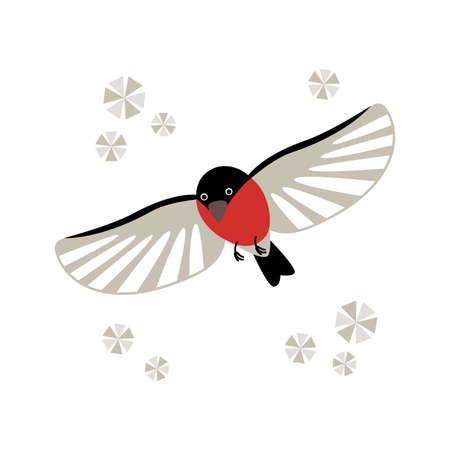 Bullfinch flies in the sky on a white isolated background. Cartoon vector bird for winter greeting cards, icons, logos or printing on any surfaceのイラスト素材