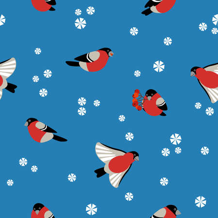 Bullfinch flies in the sky on a white isolated background. Cartoon vector bird for winter greeting cards, icons, logos or printing on any surfaceのイラスト素材