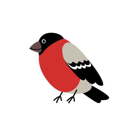 Bullfinch flies in the sky on a white isolated background. Cartoon vector bird for winter greeting cards, icons, logos or printing on any surfaceのイラスト素材