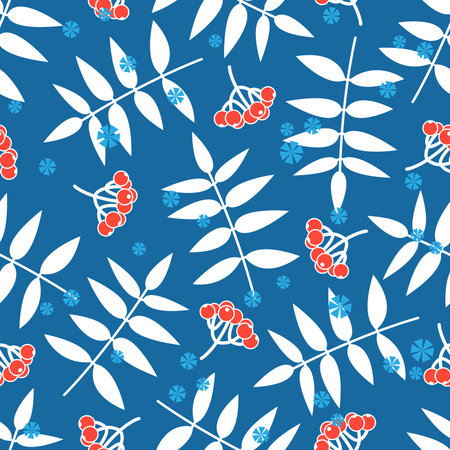 Vintage winter seamless pattern with rpwan berries and snowflakes on blue background. Beautiful...