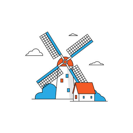 Beautiful summer rural landscape with windmill and village house on an isolated white background with small clouds. Bright vector illustration for food packaging design, icons and logos or printingのイラスト素材