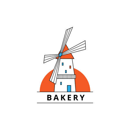 Beautiful summer rural landscape with windmill and village house on an isolated white background with small clouds. Bright vector illustration for food packaging design, icons and logos or printingのイラスト素材