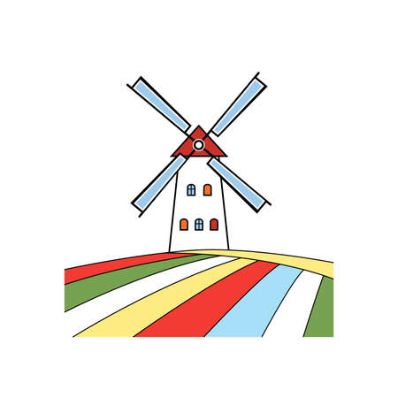 Rustic summer vector landscape with windmill and coloring tulip fields. Cute old mill tower on isolated white background for food packaging design, icons,  printing on any surfaceのイラスト素材
