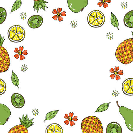 Cute vector frame with seasonal summer exotic fruits and place for text. Hand drawn in doodle style pineapple, kiwi, lemon, leaves and flowers on isolated white backgroundのイラスト素材