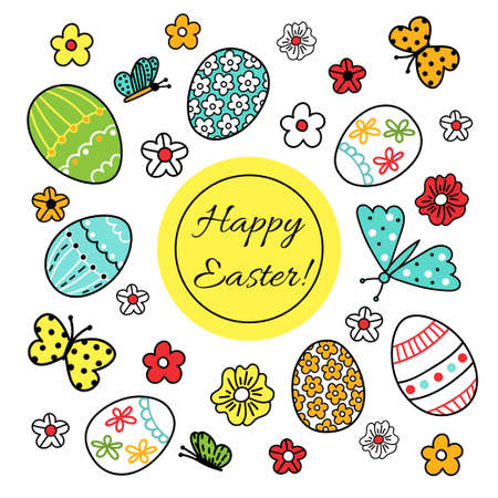 A set of hand-drawn cute stickers for Easter - colorful eggs, flowers and butterflies. Funny illustration with greeting text for postcards, invitations or flyersのイラスト素材