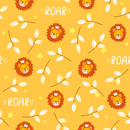 Vector seamless pattern with cute little orange lions playing in forest foliage. Colorful summer print with african animals for kids textileのイラスト素材