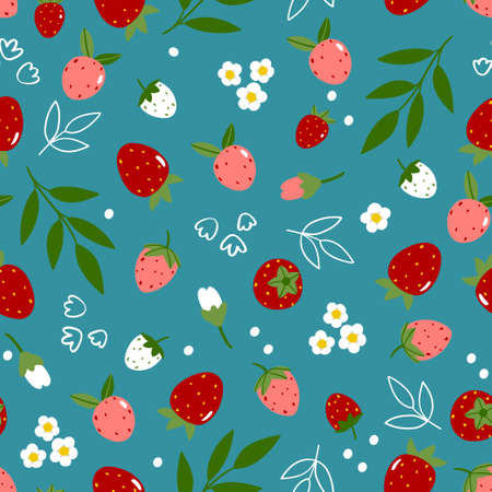 Strawberry seamless pattern. Red berries, green leaves, white flowers. Vector cartoon illustrationのイラスト素材