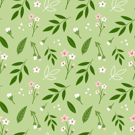 Seamless floral pattern with cherry, flowers and leaves on pink background. Cute spring print in cartoon style for kids textile or packaging designのイラスト素材