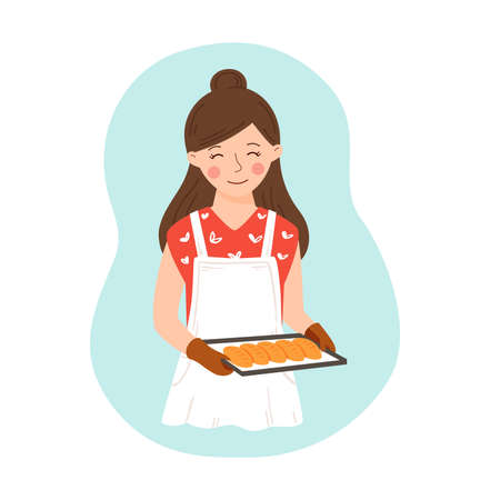 Young cute housewife rolls out dough on the kitchen table and prepares pastries. Happy girl is cooking pies at home alone. Vector illustration in cartoon style. Home made baking preparationのイラスト素材