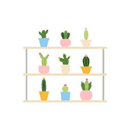 Wooden wall shelf with home potted flowers. Hand-drawn vector illustrations in cartoon style - cacti in colorful pots. Floral interior elementsのイラスト素材