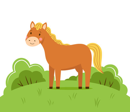 A cute little brown horse with a yellow mane grazes on a green grass meadow. Hand drawn funny cartoon illustration for kids. Farm animal pony vectorのイラスト素材