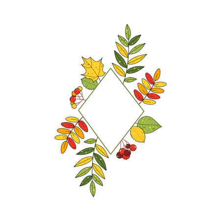 Cute autumn frame with leaves, berries and place for text. Vector illustrationのイラスト素材
