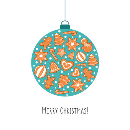A funny Christmas tree toy with an ornament of gingerbread cookies and text. Vector cartoon illustrationのイラスト素材
