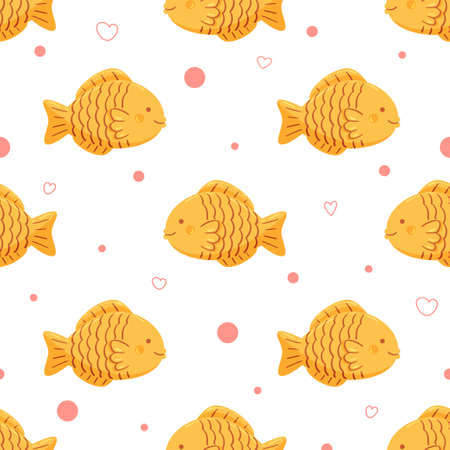 Cute seamless vector pattern with Japanese sweet fish-shaped pastry Taiyaki. Funny food backdrop with hand drawn in cartoon style traditional Asian cookiesのイラスト素材