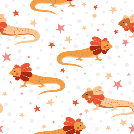 Cute lizards on seamless vector pattern. Funny print with tropical wild reptiles for kids textileのイラスト素材