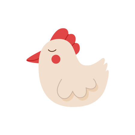 Cute sitting white hen drawn in cartoon style. Funny vector illustration of poultry bird isolated on white backgroundのイラスト素材