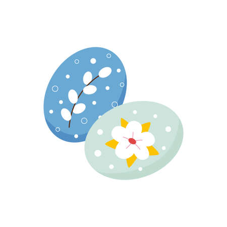 Cute Easter Eggs with pretty paintings. Vector illustration drawn in cartoon styleのイラスト素材