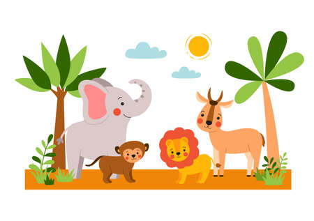 Wild baby animals standing on jungle forest background. Cute safari nursery print isolated on white backgroundのイラスト素材
