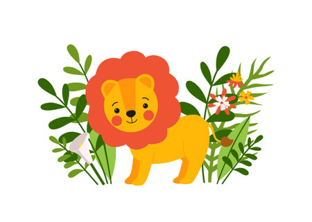 Cute baby lion standing in the green grass. Funny kids illustration with little african wild animal...