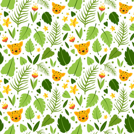 Young leopard in jungle seamless vector pattern. Cute wild baby animal hiding in tropical green leaves and flowers. Kids illustration drawn in cartoon style for textile or wrapping paperのイラスト素材