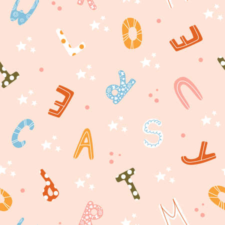 Cute childish seamless pattern with hand drawn textured english letters. Funny vector print for textile, wrapping paper or educational projectsのイラスト素材