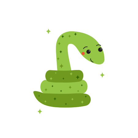 Cute baby snake. Funny vector illustration with wild exotic animal - green python drawn in doodle style and isolated on white background for printing on textile, cards or stickersのイラスト素材