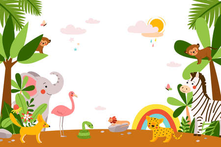 Cute african baby animals on jungle background. Vector funny children's characters - elephant, monkey, zebra, flamingo, leopard in a beautiful blank for banners, posters and diplomasのイラスト素材