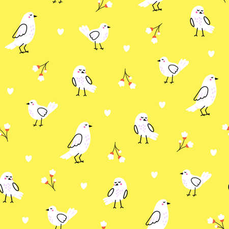 Cute seamless pattern with hand drawn doodle birds for kids textile and wrapping paper. Funny vector print on yellow backgroundのイラスト素材