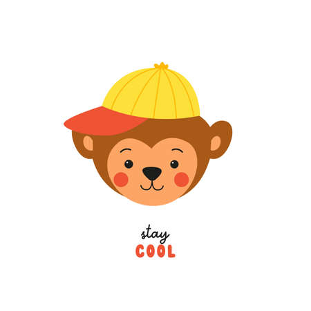 Funny children's birthday card with cute smiling monkey in yellow cap and "stay cool" text. Kawaii Vector illustration drawn in flat style for children's textile, stickers, print on any surfaceのイラスト素材