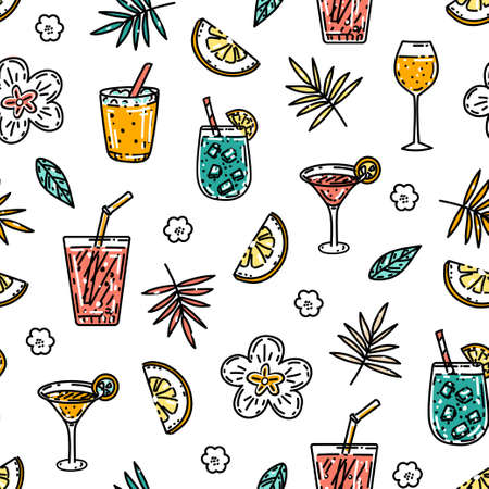 Summer seamless pattern with hand drawn in sketch style alcohol cocktails. Vintage vector backdrop with drinks, flowers and lemons on white background for textile, wrapping paper, menuのイラスト素材