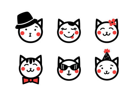 Cute cat portraits hand drawn in doodle style. Vector outline illustration set with funny smiling animals isolated on white backgroundのイラスト素材