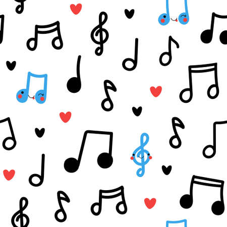 Cute seamless pattern with funny musical notes characters on white background. Vector backdrop illustration hand drawn in doodle styleのイラスト素材