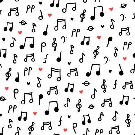 Seamless pattern with black musical notes on white background. Vector backdrop illustration hand drawn in doodle styleのイラスト素材