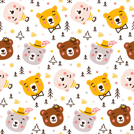 Seamless vector pattern with cute bear cub heads. Smiling animal characters on the background of the forest and trees. Cheerful print for children's textiles, clothes, wallpapersのイラスト素材