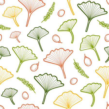 Leaves of Japanese ginkgo biloba tree hand-drawn in sketch style. Seamless vector pattern on white background. For printing on textiles, medical, cosmetic packaging designのイラスト素材