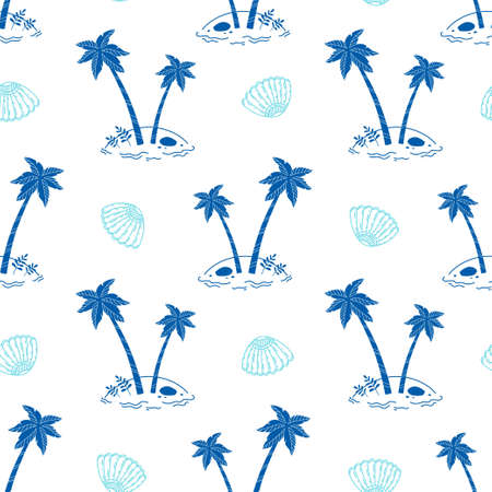 Cute summer print with tropical palm trees and seashells silhouettes on white background. Seamless vector pattern drawn in sketch styleのイラスト素材