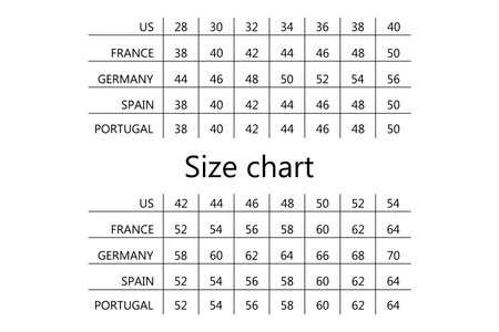 Size table - size chart illustration - different sizes