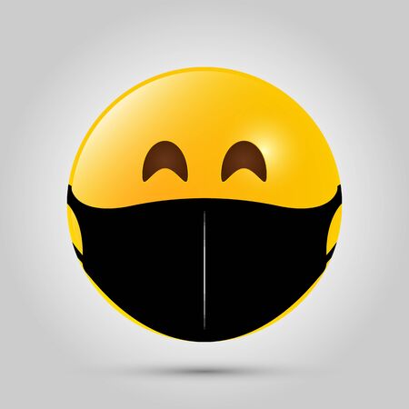 Emoji with black mouth mask. Yellow emoji icon on grey template. Vector illustrationのイラスト素材