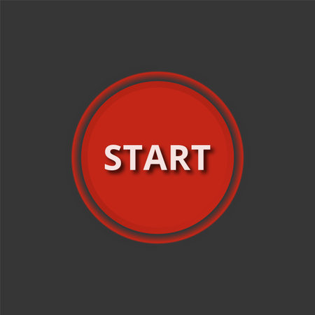 Start button icon. Red realistic button on dark background. Neumorphic design