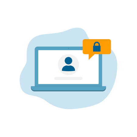 Laptop with login form page on screen. Username, password fields. Padlock iconのイラスト素材