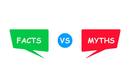 Myths vs facts. Green and red bubbles. Versus Battle. Vectorのイラスト素材