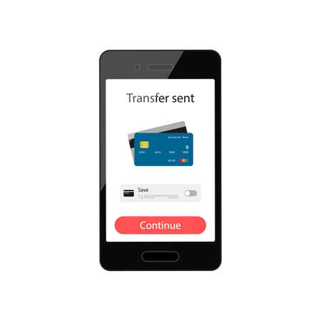 Mobile money transfer. Mobile payments using smartphone. Sent payment. Continue button. Credit card icon. Vectorのイラスト素材