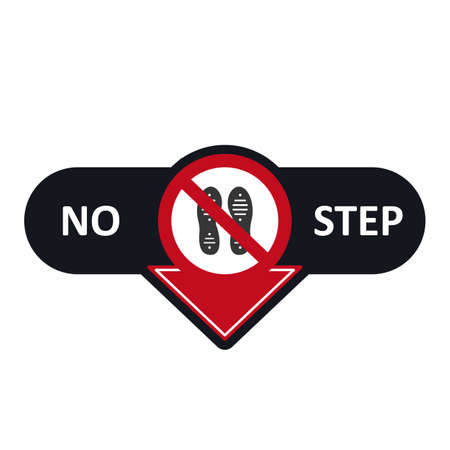 Banner with arrow. No step sign. Imprint soles shoes icon. Dont stand red sign. Symbol for public areas. Vectorのイラスト素材