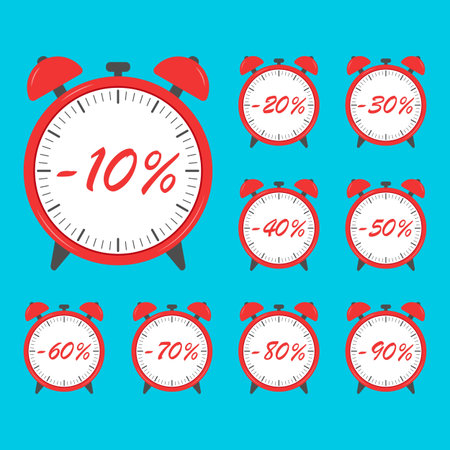 Big sale special offer set. Collection alarm clock wit different discount. Vector