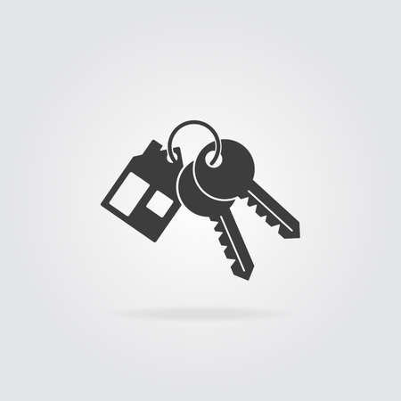 House key chain with two keys. Mortgage or rent house concept icon. Silhouette, of bunch keys. Vectorのイラスト素材