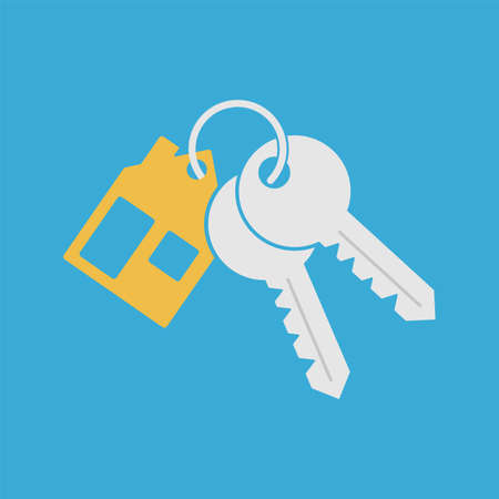 Bunch key icon with trinket. House key chain with two keys on blue background. Vectorのイラスト素材