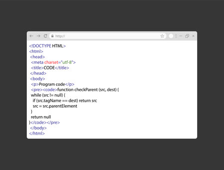 Simple html code on white web page. Realistic browser window with css code. Website development concept. Vectorのイラスト素材